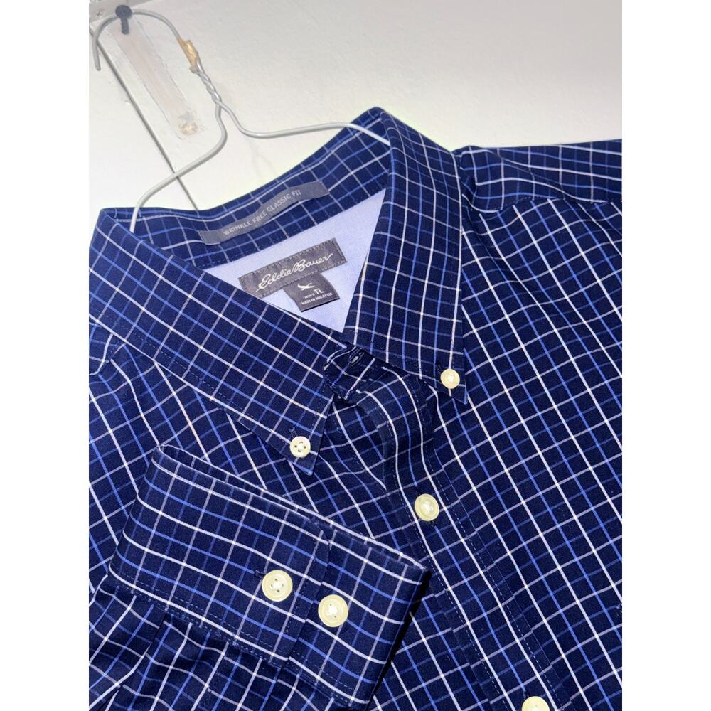 Eddie Bauer Wrinkle Free Shirt Mens Tall L Blue Check Button Down Classic Fi